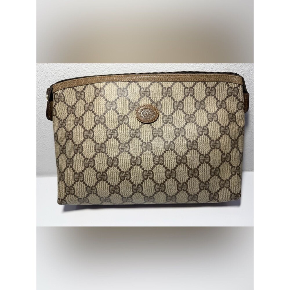 COA included - Gucci Beige Brown GG Canvas Zip Pouch/Clutch